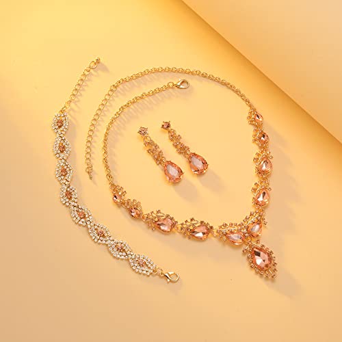 3 Pieces Wedding Bridal Rhinestone Crystal Jewelry Set Statement Necklace Bracelet Teardrop Dangle Earrings Set for Women Girls fit with Bridesmaid Wedding Party Prom Dress Jewelry Set