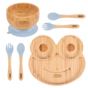 6PCS Bamboo Baby Feeding Set, Baby Suction Bowl & Plate with Silicone Spoons & Forks, Wooden Feeding Supplies for Infant & Toddlers, Baby Led Weaning Supplies Non Slip & BPA Free (Powder Blue)