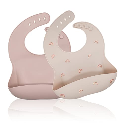 Santi & Me Silicone Bibs for Babies & Toddlers, Soft Waterproof Bibs with Food Catcher Pocket, Adjustable Baby Feeding Bibs 2 PCS (Beige&Light pink)