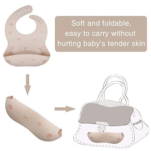 Santi & Me Silicone Bibs for Babies & Toddlers, Soft Waterproof Bibs with Food Catcher Pocket, Adjustable Baby Feeding Bibs 2 PCS (Beige&Light pink)