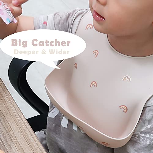 Santi & Me Silicone Bibs for Babies & Toddlers, Soft Waterproof Bibs with Food Catcher Pocket, Adjustable Baby Feeding Bibs 2 PCS (Beige&Light pink)