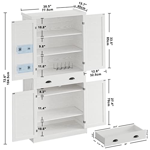 IRONCK Kitchen Pantry Storage Cabinet 72" Height, with Barn Doors, Drawer, 4 Adjustable Shelves, Freestanding Cupboard for Dining Room Living Room, Laundry, White