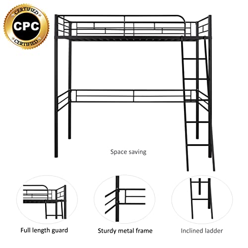 HomJoones Metal Loft Bed, Metal Twin Over Loft Bunk Bed with Safety Rail Side Ladders for Dormitory Bedroom Boys Girls Adults,No Box Spring Needed, Twin