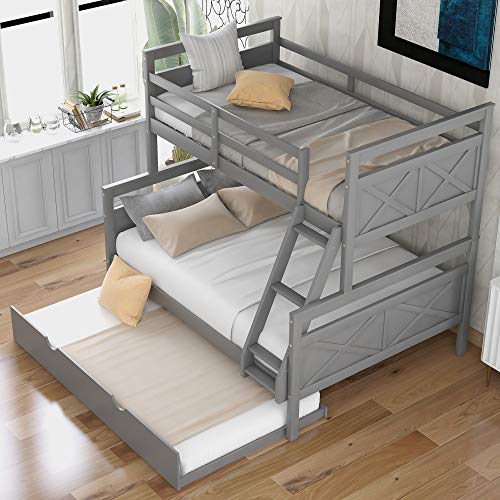 Merax Trundle Bunk Bed, Twin Over Full Wood Bunk Bed with Twin Size Trundle, Solid Wood Bunk Bed Frame with Guardrail and Ladder, Grey