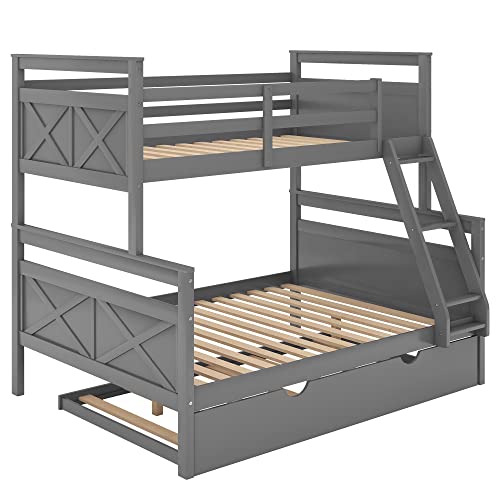 Merax Trundle Bunk Bed, Twin Over Full Wood Bunk Bed with Twin Size Trundle, Solid Wood Bunk Bed Frame with Guardrail and Ladder, Grey