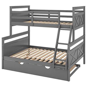 Merax Trundle Bunk Bed, Twin Over Full Wood Bunk Bed with Twin Size Trundle, Solid Wood Bunk Bed Frame with Guardrail and Ladder, Grey