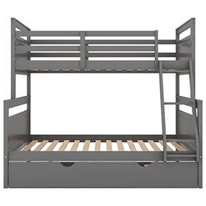 Merax Trundle Bunk Bed, Twin Over Full Wood Bunk Bed with Twin Size Trundle, Solid Wood Bunk Bed Frame with Guardrail and Ladder, Grey