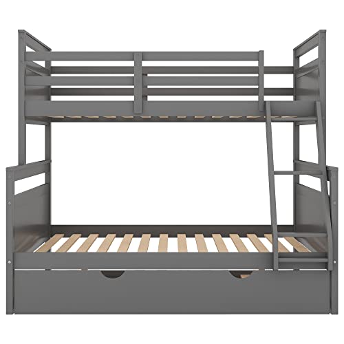 Merax Trundle Bunk Bed, Twin Over Full Wood Bunk Bed with Twin Size Trundle, Solid Wood Bunk Bed Frame with Guardrail and Ladder, Grey