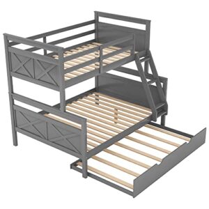 Merax Trundle Bunk Bed, Twin Over Full Wood Bunk Bed with Twin Size Trundle, Solid Wood Bunk Bed Frame with Guardrail and Ladder, Grey