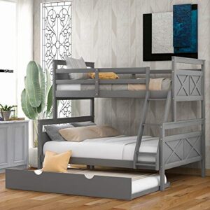 Merax Trundle Bunk Bed, Twin Over Full Wood Bunk Bed with Twin Size Trundle, Solid Wood Bunk Bed Frame with Guardrail and Ladder, Grey