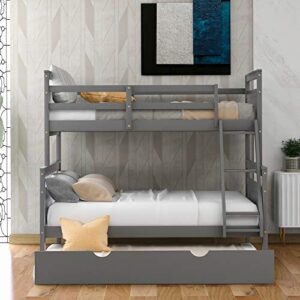 Merax Trundle Bunk Bed, Twin Over Full Wood Bunk Bed with Twin Size Trundle, Solid Wood Bunk Bed Frame with Guardrail and Ladder, Grey