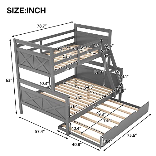 Merax Trundle Bunk Bed, Twin Over Full Wood Bunk Bed with Twin Size Trundle, Solid Wood Bunk Bed Frame with Guardrail and Ladder, Grey