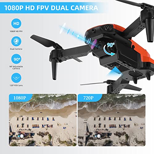 FDWYTY Drones for kids, Mini Drone with 1080P HD FPV Dual Camera with Altitude Hold, Headless Mode, 3D Flips, One Key Take Off/Landing, Speed Adjustment, 2 Modular Batteries - 22 Mins Flight Time, Orange