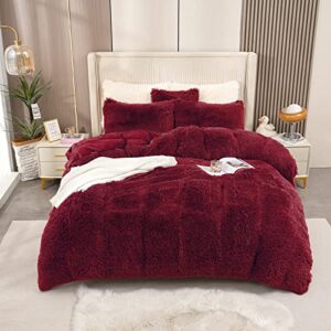 dekoresyon plush duvet cover set, luxury ultra soft velvet duvet cover set fluffy plush shaggy bedding sets 4 pieces (1 duvet cover + 2 pillow case + 1 pillow cover) zipper closure (queen, red)