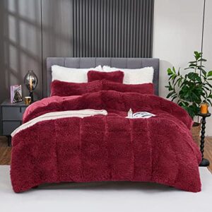 bleum cade fluffy plush duvet cover set queen size, luxury ultra soft velvet fuzzy comforter cover bed sets 4pcs(1 faux fur duvet cover + 2 pillow cases + 1 pillow cover) zipper closure (queen, red)