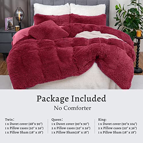 BLEUM CADE Fluffy Plush Duvet Cover Set Queen Size, Luxury Ultra Soft Velvet Fuzzy Comforter Cover Bed Sets 4Pcs(1 Faux Fur Duvet Cover + 2 Pillow Cases + 1 Pillow Cover) Zipper Closure (Queen, Red)