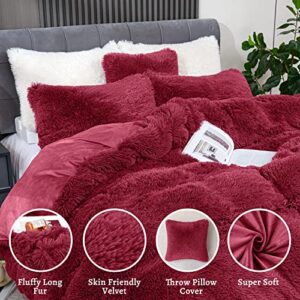 BLEUM CADE Fluffy Plush Duvet Cover Set Queen Size, Luxury Ultra Soft Velvet Fuzzy Comforter Cover Bed Sets 4Pcs(1 Faux Fur Duvet Cover + 2 Pillow Cases + 1 Pillow Cover) Zipper Closure (Queen, Red)