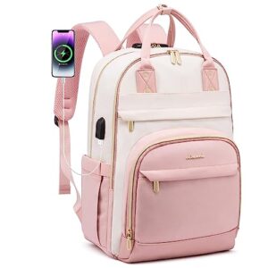 lovevook laptop backpack women, fits 15.6 inch laptop bag, fashion travel work anti-theft bag with lock, business computer waterproof backpack purse, university backpacks, beige-pink-pink
