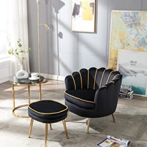 Modern Velvet Accent Chair with Ottoman Set, Upholstered Tufted Barrel Chair Leisure Chair with Footrest and Metal Legs for Living Reading Room Bedroom Office (Black)