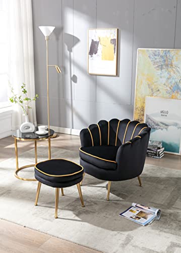 Modern Velvet Accent Chair with Ottoman Set, Upholstered Tufted Barrel Chair Leisure Chair with Footrest and Metal Legs for Living Reading Room Bedroom Office (Black)