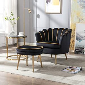 Modern Velvet Accent Chair with Ottoman Set, Upholstered Tufted Barrel Chair Leisure Chair with Footrest and Metal Legs for Living Reading Room Bedroom Office (Black)