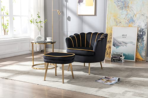 Modern Velvet Accent Chair with Ottoman Set, Upholstered Tufted Barrel Chair Leisure Chair with Footrest and Metal Legs for Living Reading Room Bedroom Office (Black)