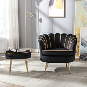 Modern Velvet Accent Chair with Ottoman Set, Upholstered Tufted Barrel Chair Leisure Chair with Footrest and Metal Legs for Living Reading Room Bedroom Office (Black)