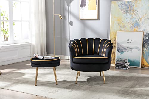 Modern Velvet Accent Chair with Ottoman Set, Upholstered Tufted Barrel Chair Leisure Chair with Footrest and Metal Legs for Living Reading Room Bedroom Office (Black)