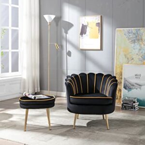 Modern Velvet Accent Chair with Ottoman Set, Upholstered Tufted Barrel Chair Leisure Chair with Footrest and Metal Legs for Living Reading Room Bedroom Office (Black)