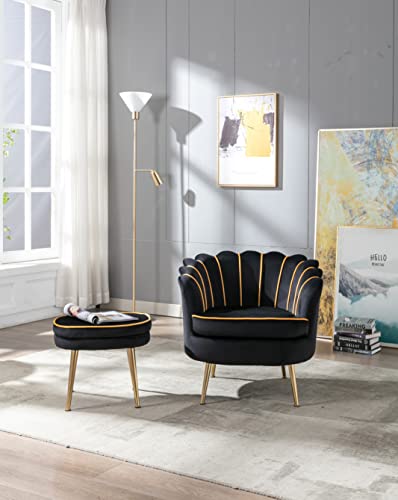 Modern Velvet Accent Chair with Ottoman Set, Upholstered Tufted Barrel Chair Leisure Chair with Footrest and Metal Legs for Living Reading Room Bedroom Office (Black)