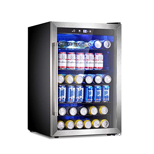 R.W.FLAME 37 Bottles Beverage Refrigerator, Mini Fridge with Stainless Steel Glass Door, Freestanding Wine Cellar, Fast Cooling Bar Fridge, Digital Temperature Control, Low Noise, 4.4cu.ft