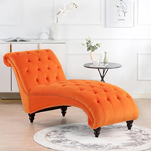 Fulocseny Tufted Velvet Chaise Lounge Indoor,Leisure Accent Chair Upholstered Couch,Velvet Chaise Lounge Chair,Tufted Armless Chaise Lounge,Velvet Fabric+Wood Frame+Foam +Wood Legs (Orange)