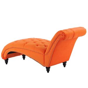 Fulocseny Tufted Velvet Chaise Lounge Indoor,Leisure Accent Chair Upholstered Couch,Velvet Chaise Lounge Chair,Tufted Armless Chaise Lounge,Velvet Fabric+Wood Frame+Foam +Wood Legs (Orange)