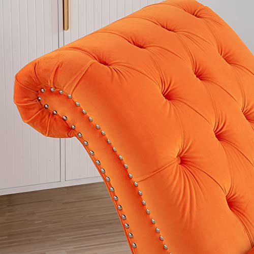 Fulocseny Tufted Velvet Chaise Lounge Indoor,Leisure Accent Chair Upholstered Couch,Velvet Chaise Lounge Chair,Tufted Armless Chaise Lounge,Velvet Fabric+Wood Frame+Foam +Wood Legs (Orange)