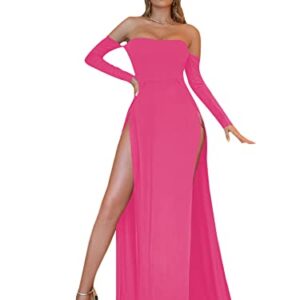 MakeMeChic Women's Off Shoulder Long Sleeve High Slit Long Maxi Cocktail Party Dress Hot Pink XL