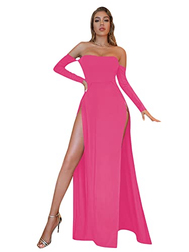 MakeMeChic Women's Off Shoulder Long Sleeve High Slit Long Maxi Cocktail Party Dress Hot Pink XL