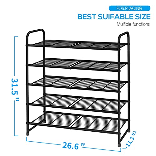 Ekisemio 5-Tier Shoe Rack Organizer, Stackable & Adjustable Shoe Shelf Storage, Heavy Duty Metal Wire, Black