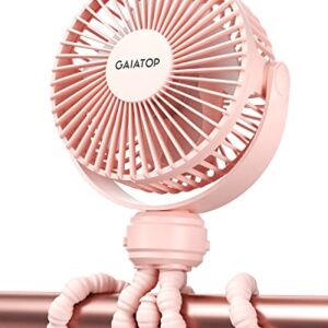 Gaiatop Mini Portable Stroller Fan, Battery Operated Small Clip on Fan, Detachable 3 Speed Rechargeable 360° Rotate Flexible Tripod Handheld Desk Cooling Fan for Car Seat Crib Treadmill Travel Pink