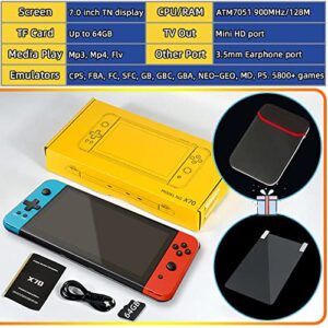 X70 Handheld Game Console 7.0 inch Pro Retro Games Consoles Classic Video Games Pad Style Preinstalled System Built-in Rechargeable Battery Gaming Consoles 64GB Blue Red