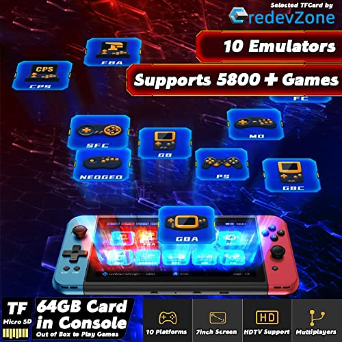 X70 Handheld Game Console 7.0 inch Pro Retro Games Consoles Classic Video Games Pad Style Preinstalled System Built-in Rechargeable Battery Gaming Consoles 64GB Blue Red