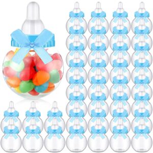 48 pcs mini baby bottles for baby shower favors bulk, baby candy bottle clear plastic milk bottle with bow knots for newborn baby baptism party, baby shower party decor (blue)
