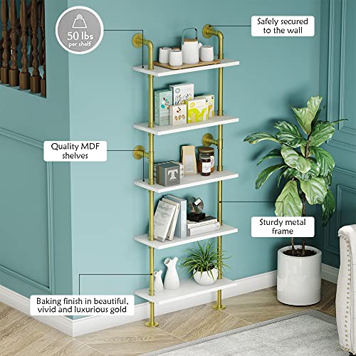 MAIKAILUN 5 Tier 67inch Gold Bookshelf, White and Gold Shelves, Modern Shelves Shelf Bookcase Metal Mid Century Open Industrial Wall Mount Accents Decor Retail Shelving Vertical for Living Room