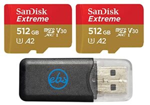 sandisk extreme microsdxc 512gb (2 pack) memory card for hero 11 black and hero11 black mini gopro action camera (sdsqxav-512g-gn6mn) u3 v30 bundle with 1 everything but stromboli microsd card reader