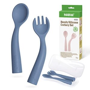 haakaa toddler forks and spoons with travel safe case,self feeding toddler utensils,easy grip bendy food-grade silicone,bluestone,12m+