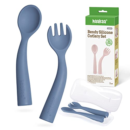 haakaa Toddler Forks and Spoons with Travel Safe Case,Self Feeding Toddler Utensils,Easy Grip Bendy Food-Grade Silicone,Bluestone,12m+