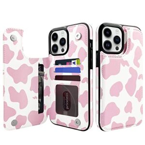 topperfekt flip leather wallet case card holder compatible with iphone 13 pro max 6.7" women and girls with card holder kickstand double magnetic clasp pink cow pattern
