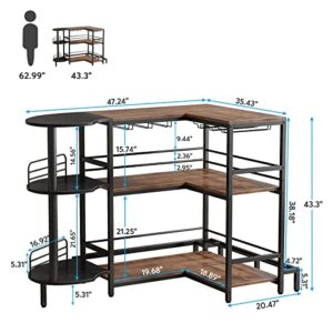 Tribesigns Industrial Home Bar Unit, 3-Tier L-Shaped Liquor Bar Table with Storage and Footrest, Corner Wine Bar Cabinet Mini Bar for Liquor and Glasses for Home Kitchen/Living Room/Pub