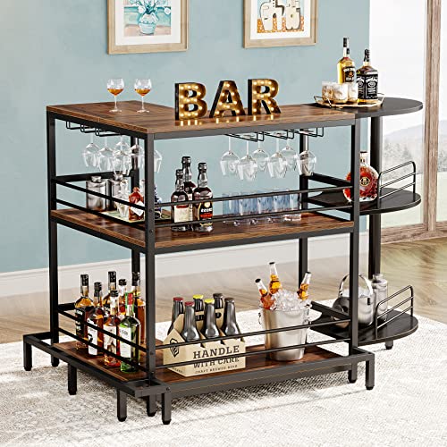 Tribesigns Industrial Home Bar Unit, 3-Tier L-Shaped Liquor Bar Table with Storage and Footrest, Corner Wine Bar Cabinet Mini Bar for Liquor and Glasses for Home Kitchen/Living Room/Pub