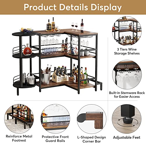 Tribesigns Industrial Home Bar Unit, 3-Tier L-Shaped Liquor Bar Table with Storage and Footrest, Corner Wine Bar Cabinet Mini Bar for Liquor and Glasses for Home Kitchen/Living Room/Pub