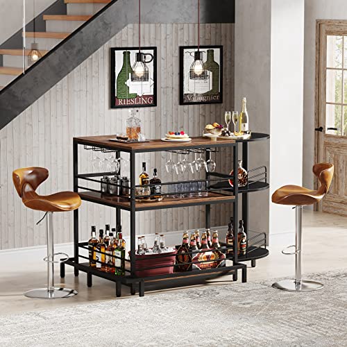 Tribesigns Industrial Home Bar Unit, 3-Tier L-Shaped Liquor Bar Table with Storage and Footrest, Corner Wine Bar Cabinet Mini Bar for Liquor and Glasses for Home Kitchen/Living Room/Pub